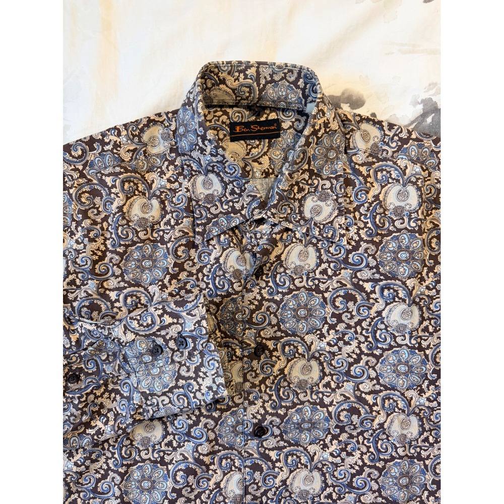 Ben Sherman Mens Paisley Floral Button Down Shirt Brown Blue Cotton S2839MF/47